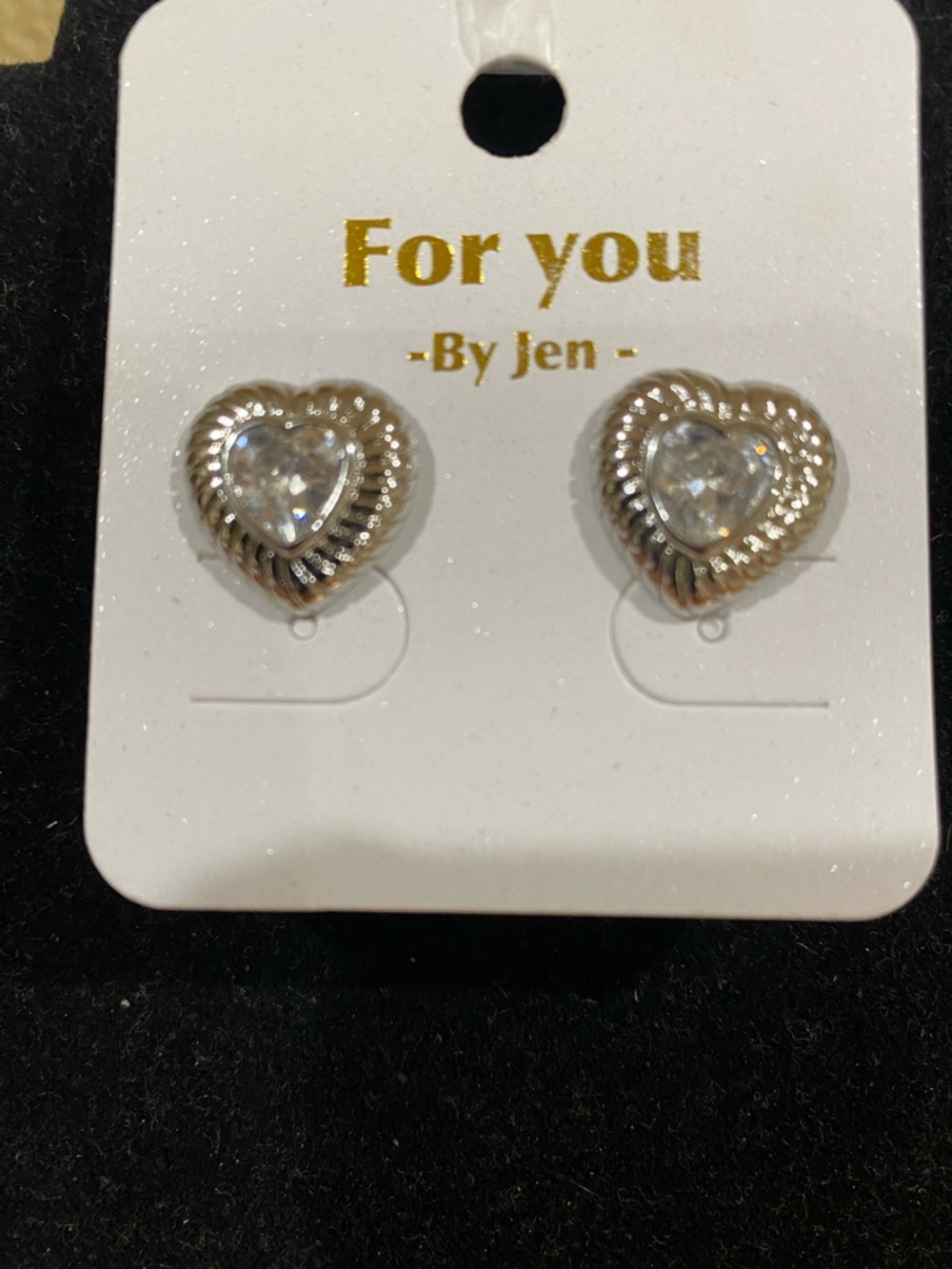 Silver Heart Stud Earrings with Clear Stones
